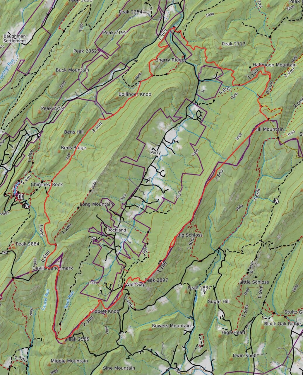 map of route in the mountains