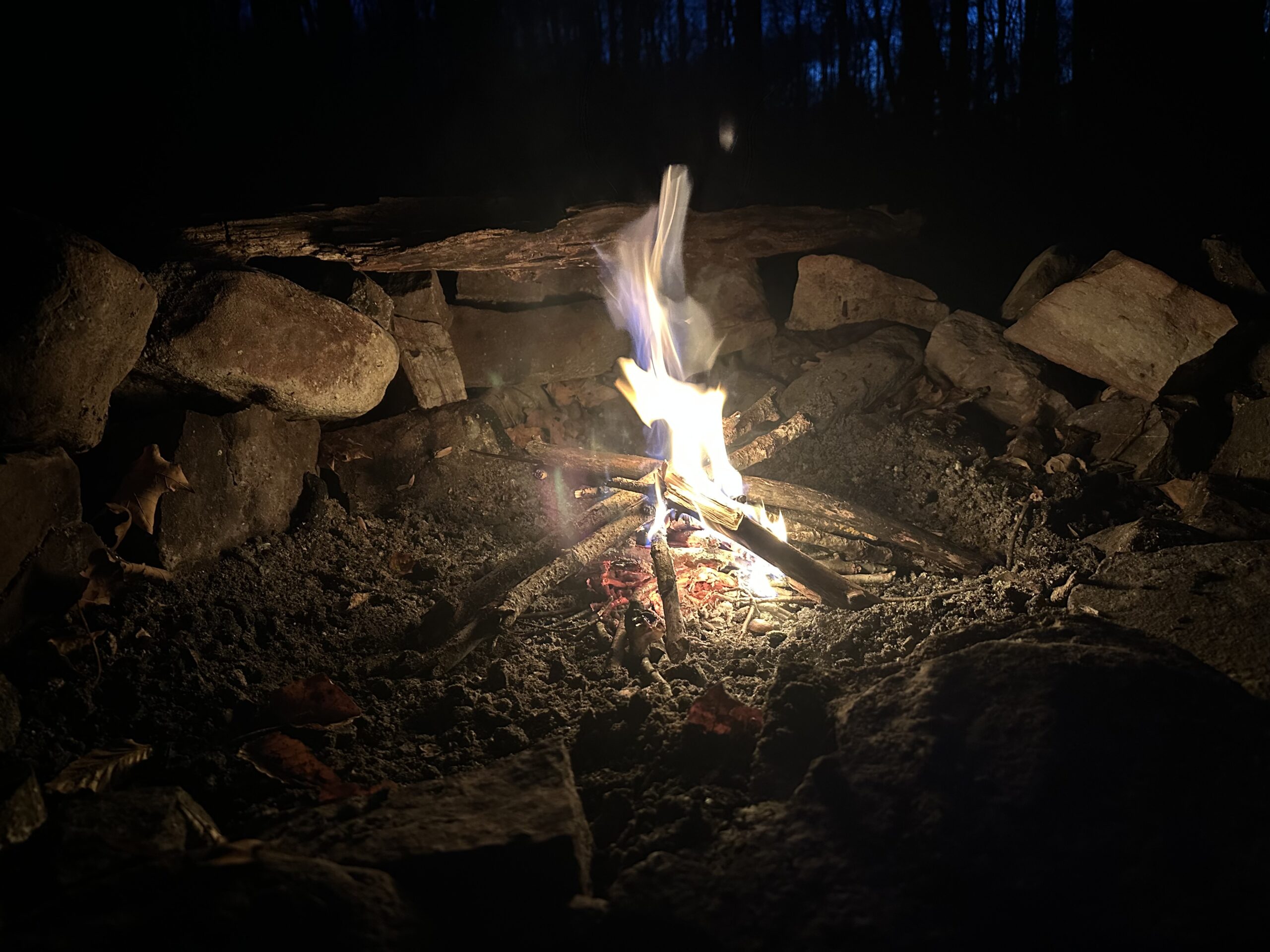 sticks aflame in a backcountry fire ring